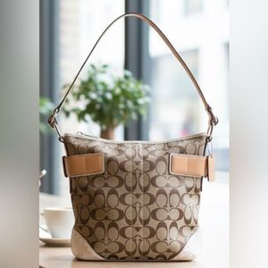 Coach Signature Brown and Cream Shoulder Bag, leather straps/corners, GUC